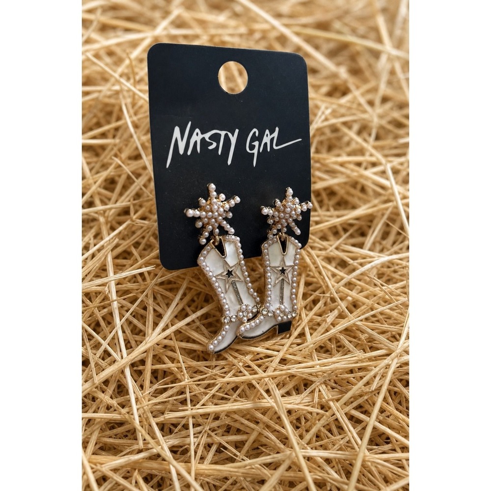Nasty Gal Cowboy Boot Pearl Star Drop Earrings Western Glam Gold Tone